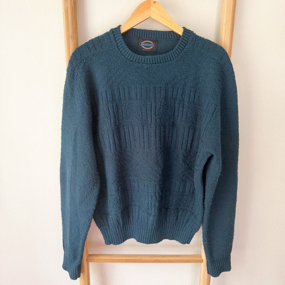 Vintage Jantzen Sweater Made USA Textured Knit Blue Men’s Size Large